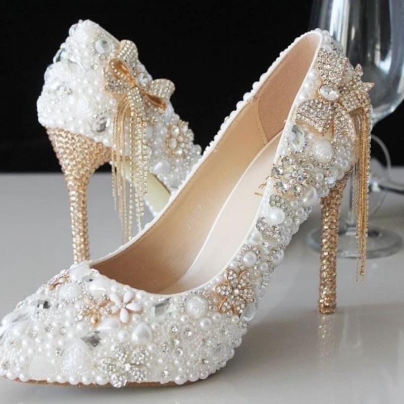 Women's elegant white pearls rhinestone pointed toe pumps | Wedding ...