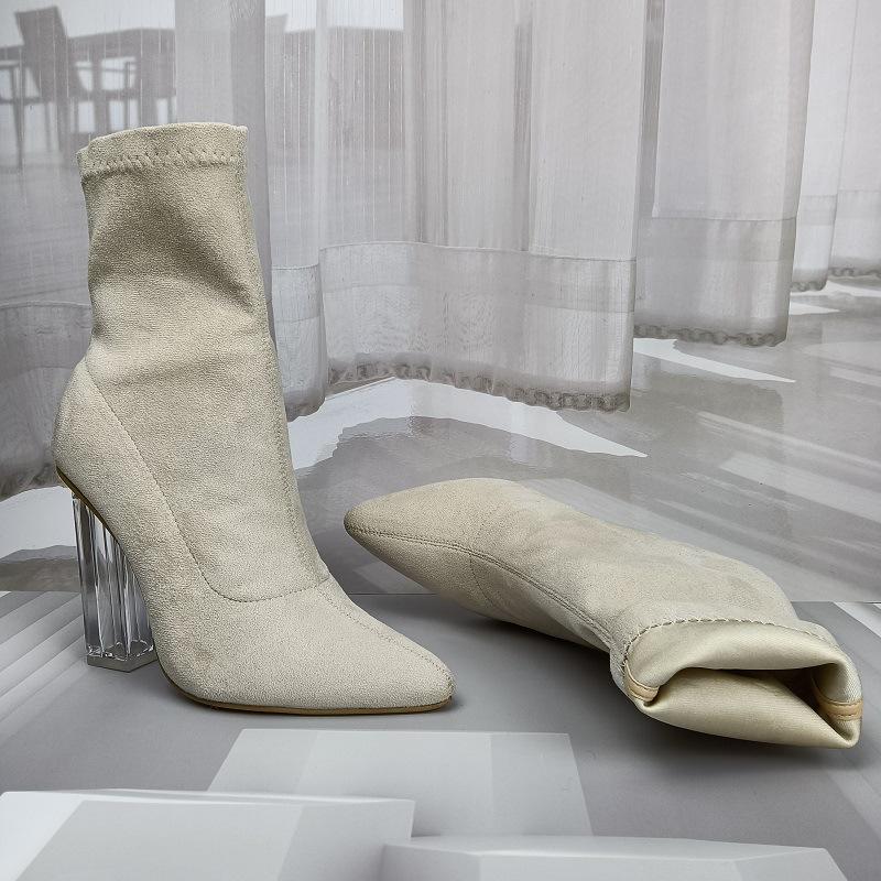 Sexy clear high heels faux suede booties