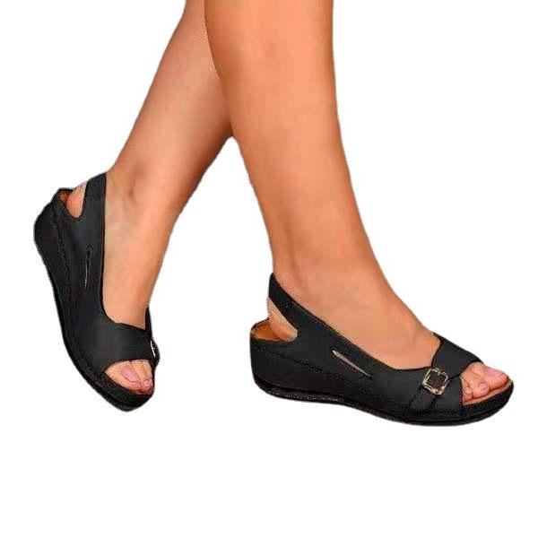 Women's peep toe low wedge slingback sandals adjustable buckle arch support sandals