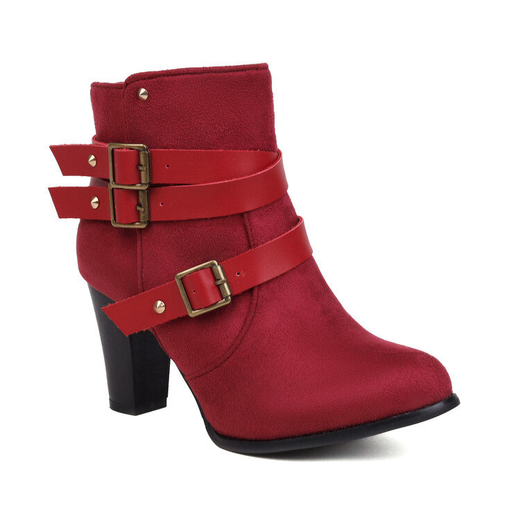 Women's buckle straps chunky block heels booties faux suede ankle boots with side zipper