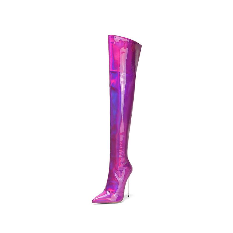 Women's sexy shining metal mirror stiletto thigh high boots for party & nightclub