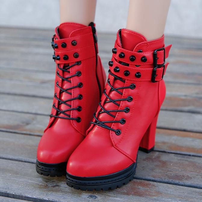 Women's chunky high heel buckle strap combat boots