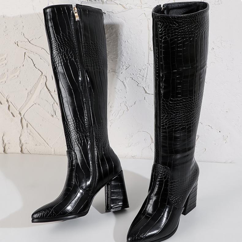 Women crocodile patterned chunky high heel zipper boots