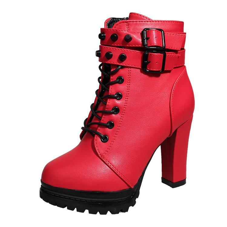 Women's chunky high heel buckle strap combat boots