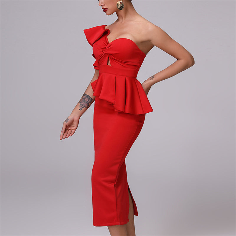 Ruffle Peplum Midi Dress | Tube Top Strapless Elegant Bodycon Evening Cocktail Party Banquet Dress