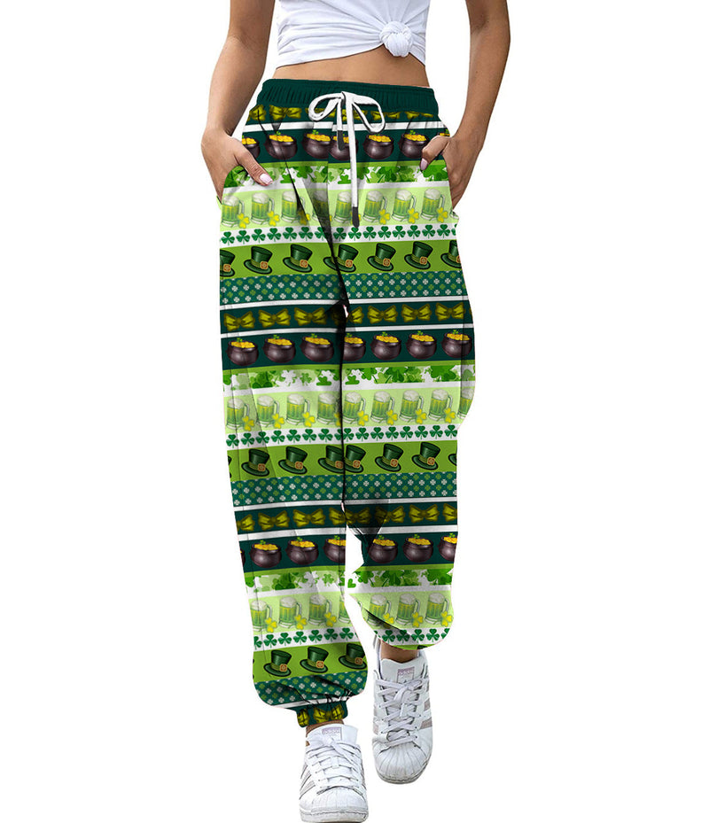 Women's green printed drawstring elastic waistband sweatpants