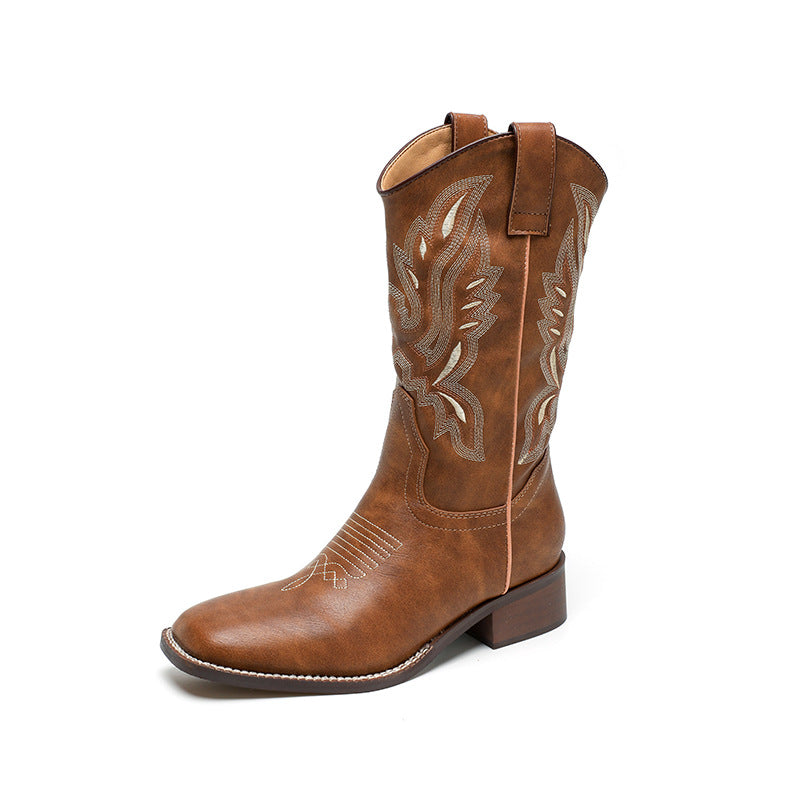 Women's brown cowboy boots Embroidery mid calf western boots