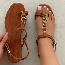 Women's ring toe T-strap sandals square open toe flat beach sandals