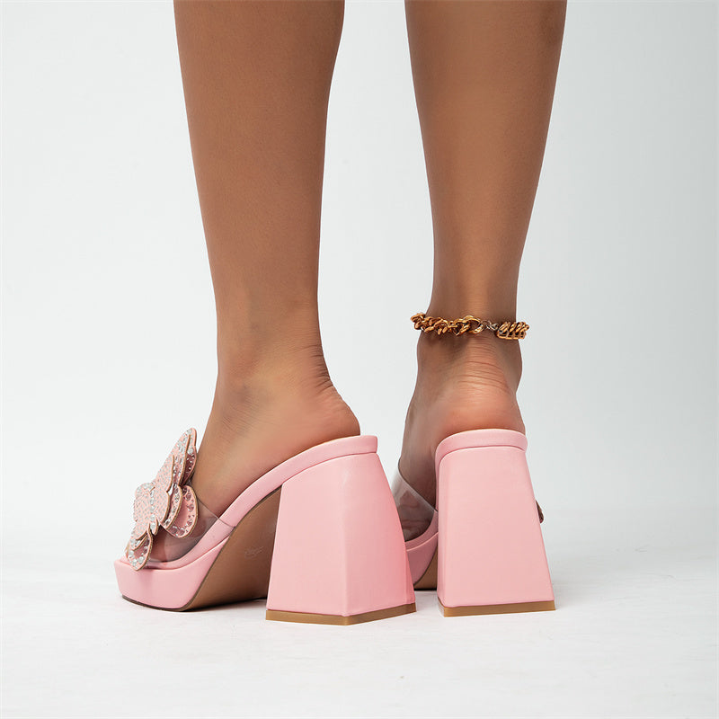 Rhinestone butterfly slip on block heels Backless chunky platform slide heels