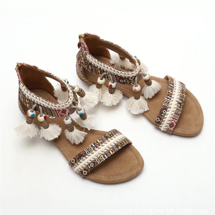 Women's boho beads poms sandals flat beach sandals