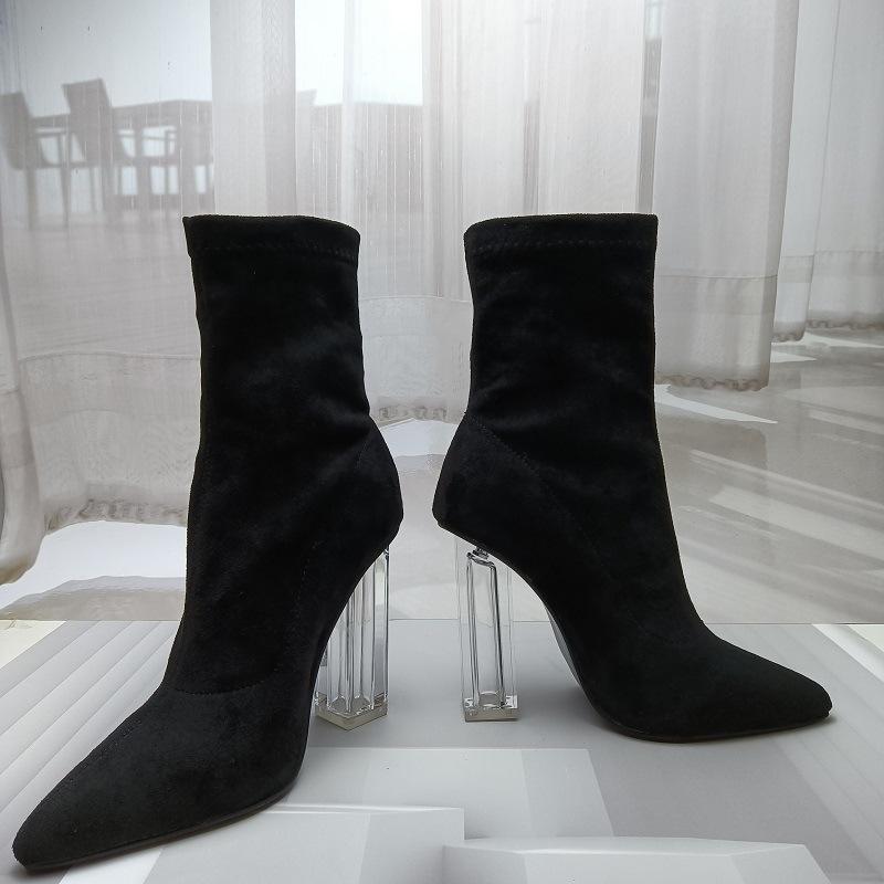 Sexy clear high heels faux suede booties