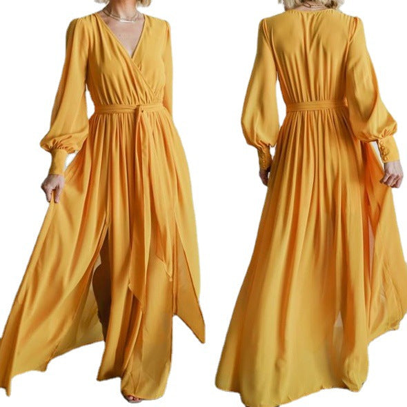 Women's v neck wrap pleated large swing maxi dress long sleeves high slit hem dress
