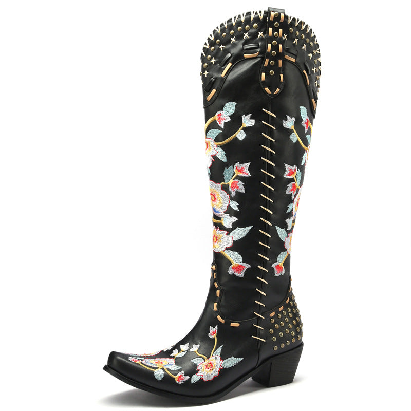 Women's rivets flower embroidery white knee high cowboy boots Black western boots