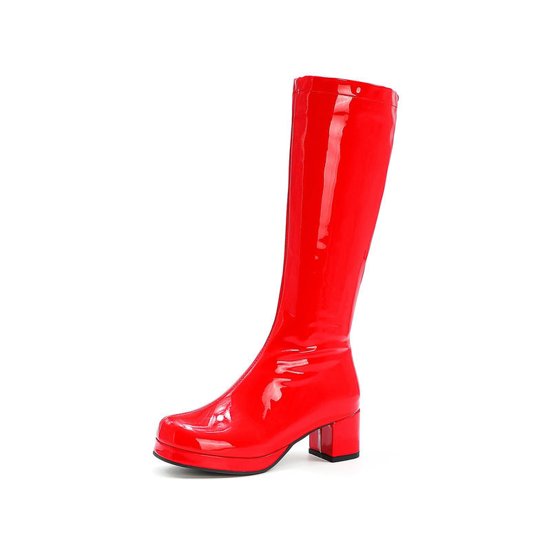 PU patent leather square heel mid calf boots candy color platform boots for party