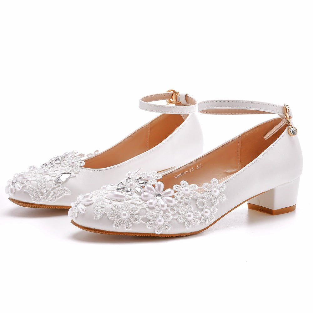 Women's white bridal pumps block heels low heels wedding shoes with ankle strap