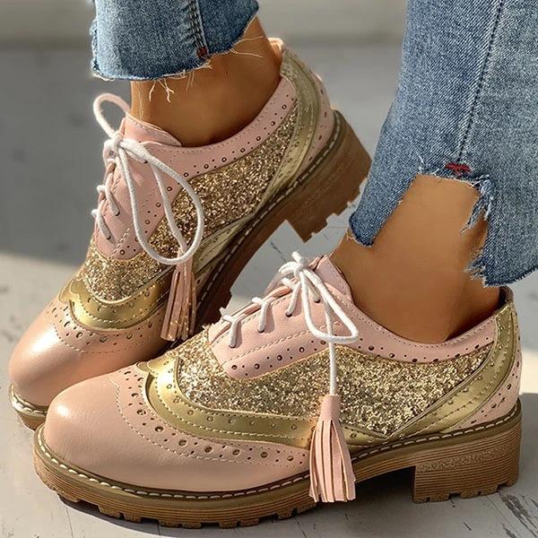 Women's rhinestone patchwork retro front lace chunky oxfords shoes