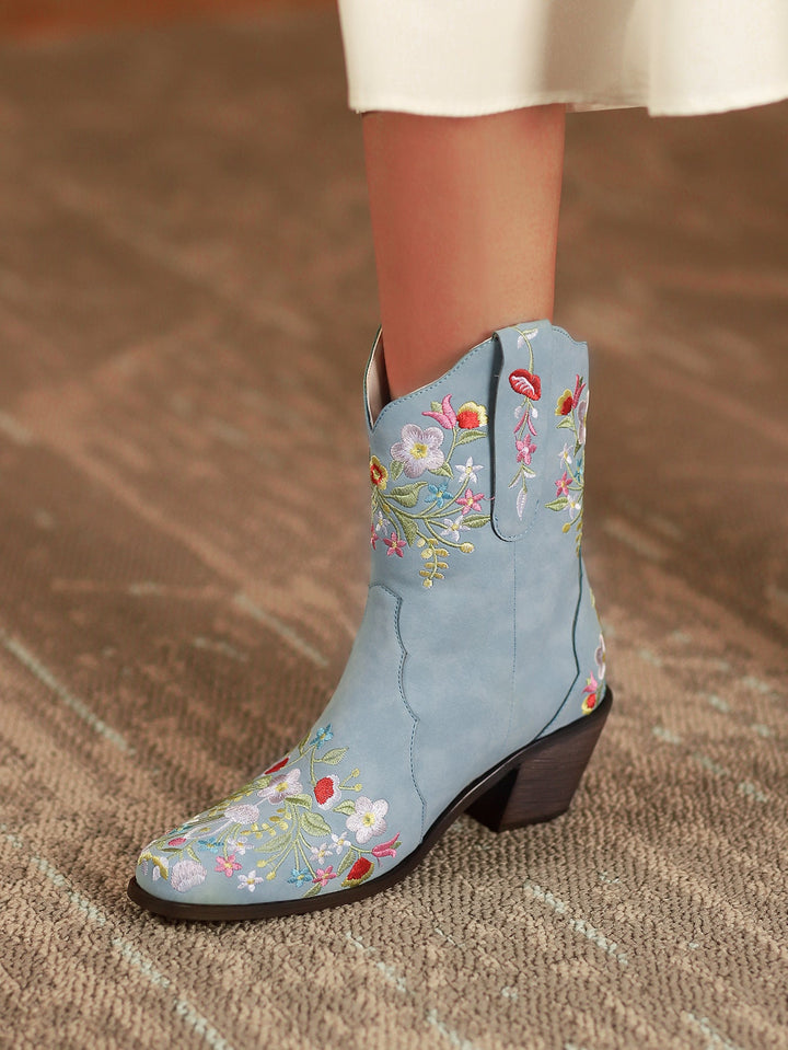 Flower embroidery light blue short cowboy boots for women Retro block heels western booties
