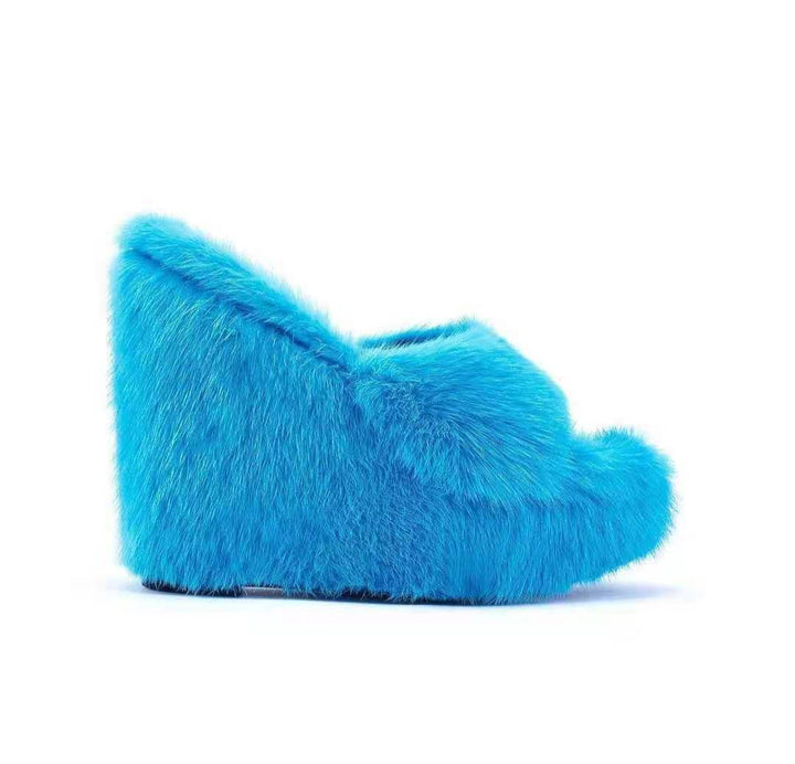 Women's fuzzy peep toe thick platform wedge slippers | Winter fashion indoor shoes