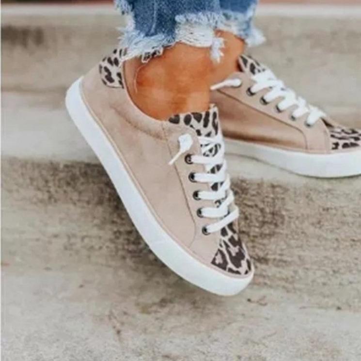 Women's summer leopard canvas sneakers flat front lace sneakers
