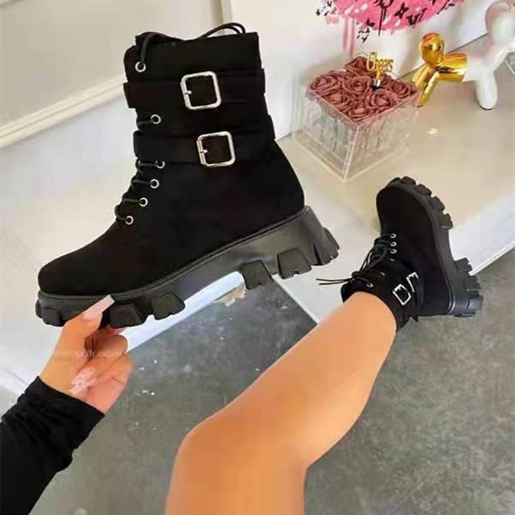 Women black faux suede buckle strap front lace booties | Steampunk chunky platform short combat boots