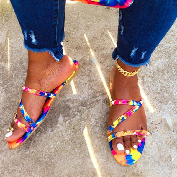 Women's studded tie dye colorful flat slide sandals