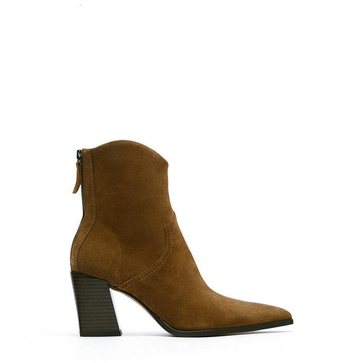 Brown block heel booties with back zipper