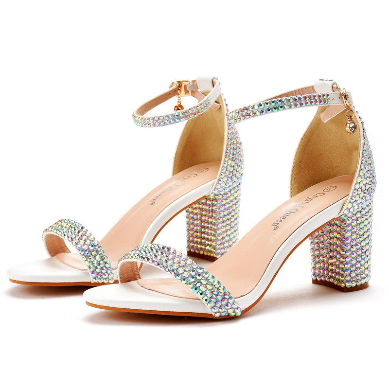 Women's rhinestone wedding shoes chunky bridal sandals with ankle strap