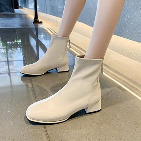 Women's elegant square toe block heel ankle booties with back zipper