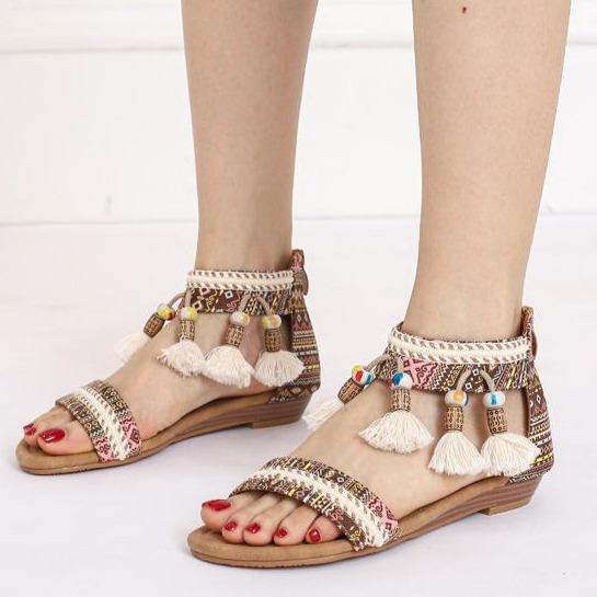 Women's boho beads poms sandals flat beach sandals