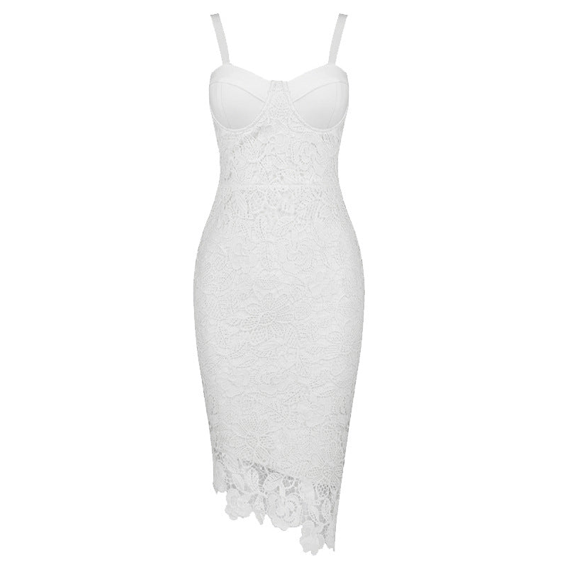 Women's white french chic floral lace paghetti strap bridal midi dress lace trim asymmetrical hem party dress