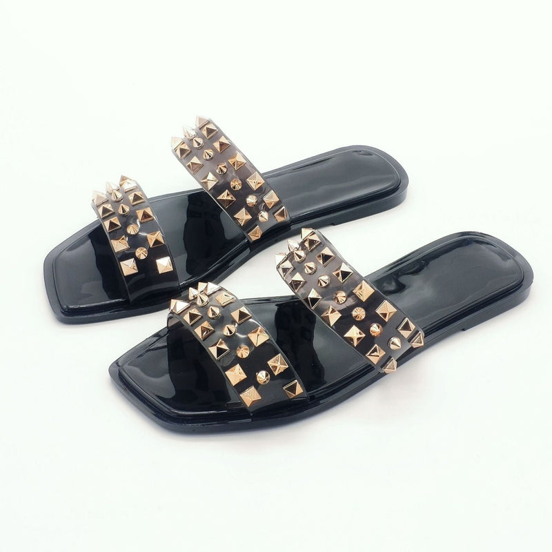 Women's 2 straps studded flat jelly slides | Crystal rivets summer outdoors slippers