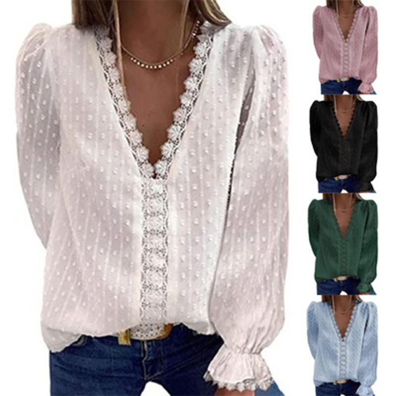 Women lace trim v neck long sleeves blouse | Elegant chiffon embroidery tops