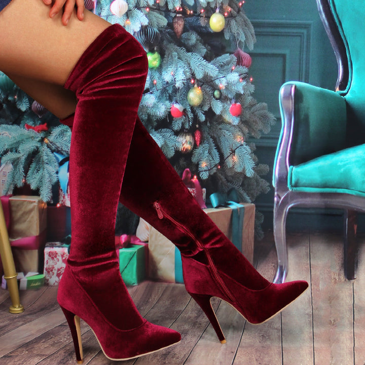 Women's velvet green red Christmas New year thigh high boots