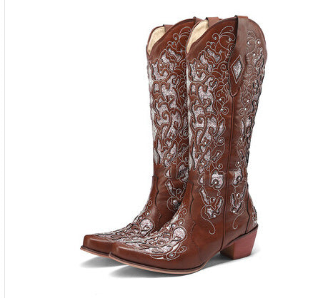 Women's rhinestone embroidery mid calf cowboy boots wedding western boots