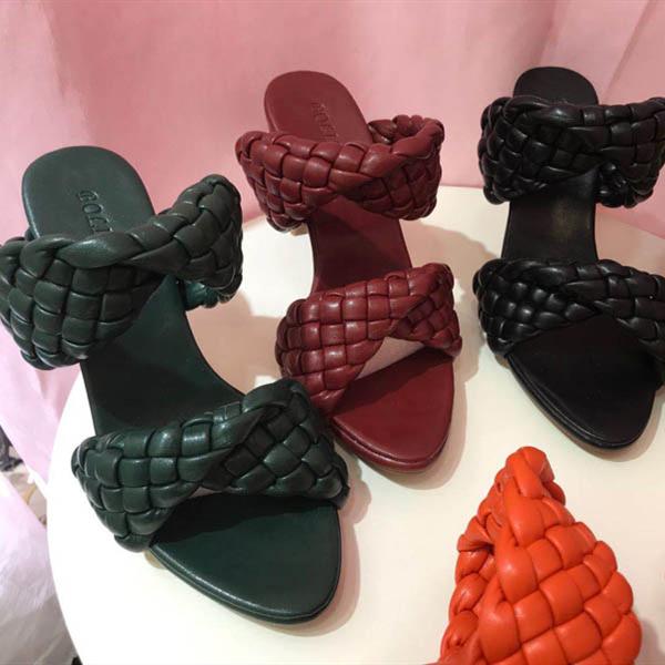 Women's woven 2 straps stiletto high heel slides