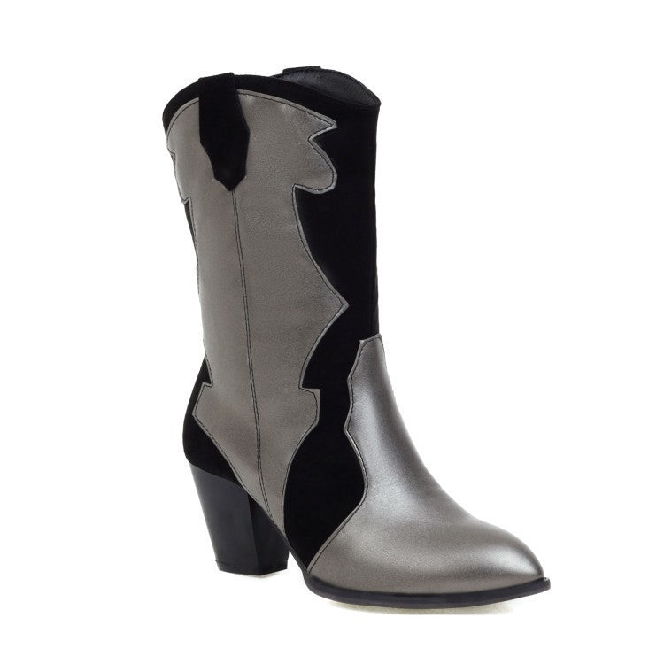 Women's chunky block heels mid calf boots silver patch boots pointed toe