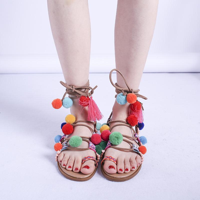 Women's boho pom pom lace-up beach sandals