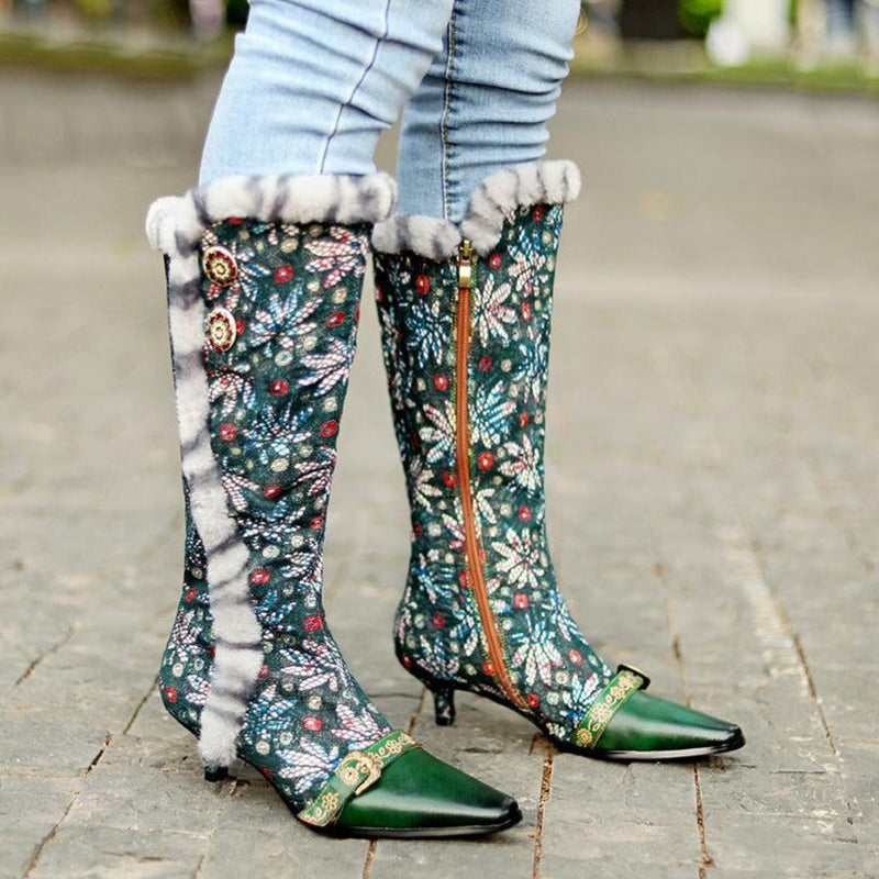 Women's retro green fuzzy trim  kitten heel knee high boots flower embroidery ethnic knee high boots