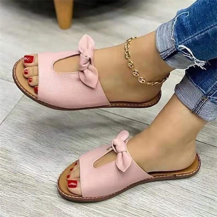 Women cute bowknot peep toe flat slide sandals