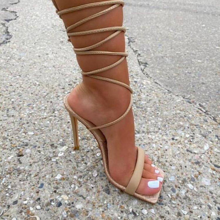 Women square peep toe slingback criss cross lace up strappy heels