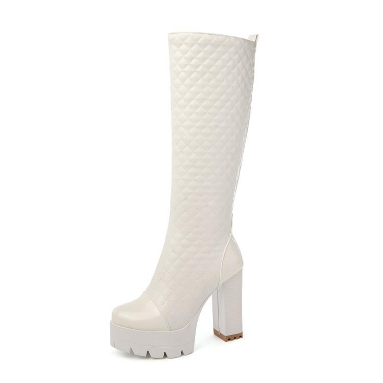 Women quilted PU leather chunky high heeled knee high boots