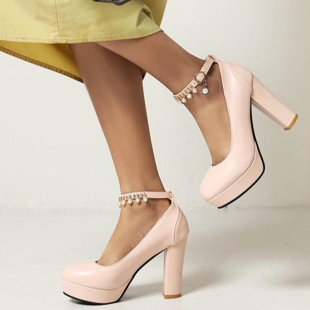 Women's pearls beads d¨¦cor ankle buckle strap chunky high heel pumps