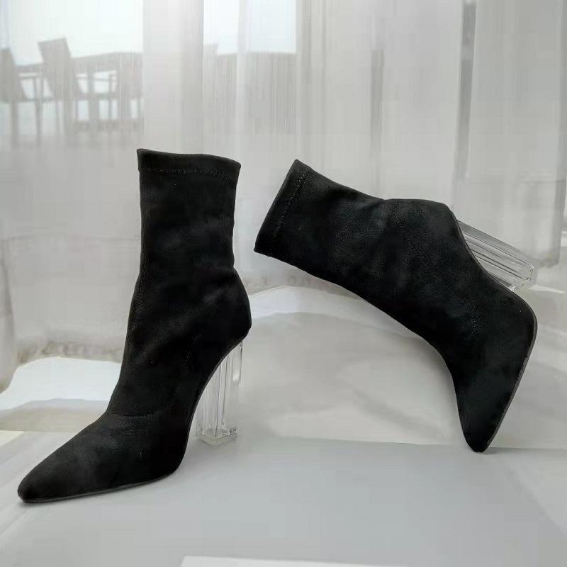 Sexy clear high heels faux suede booties