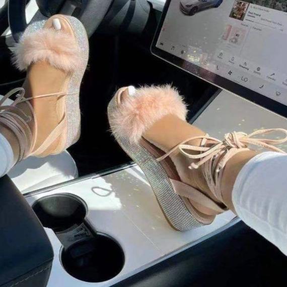 Women's fuzzy ankle lace-up  rhinestone platform sandals