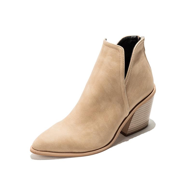Women's side v cut stacked block heel pointed toe ankle booties