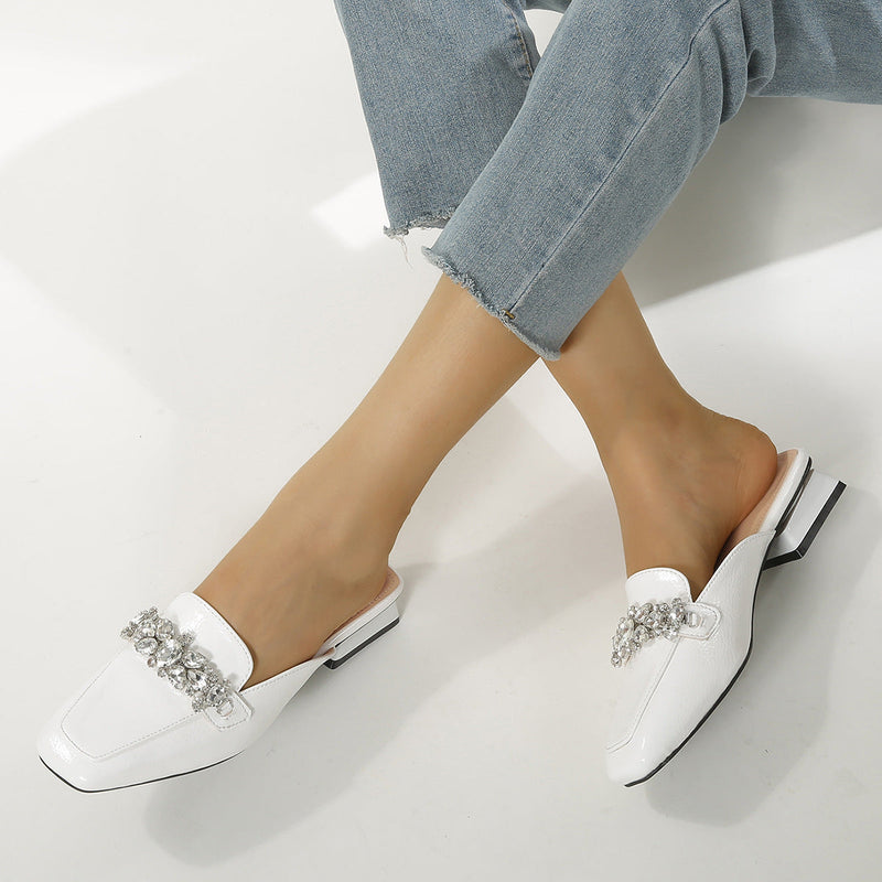 Rhinestone crystal chains square closed toe low heel mules