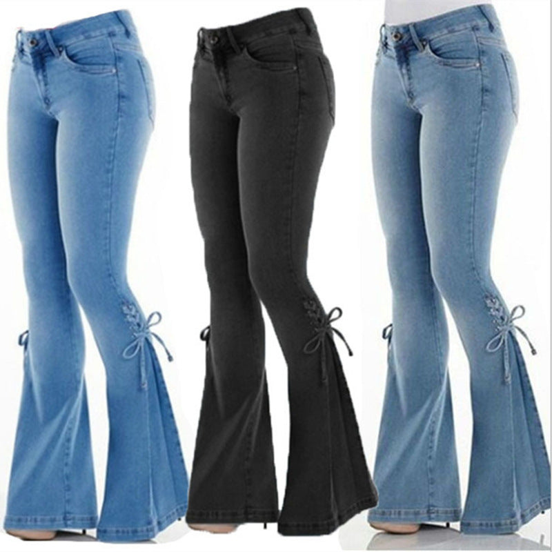 Women's bow lace-up bell bottom jeans | Skinny flare jeans