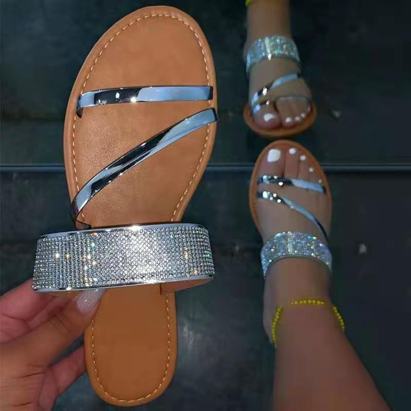 Women's gold silver metal sequin open toe beach slide sandals