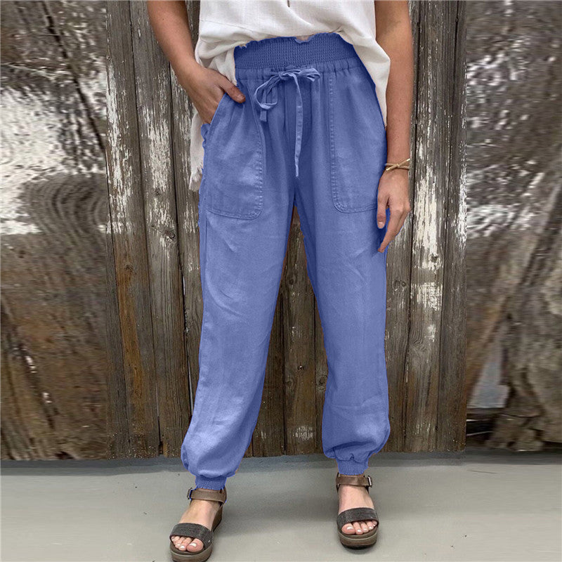 Women's linen paper bag pants | knotted tie cotton linen pants
