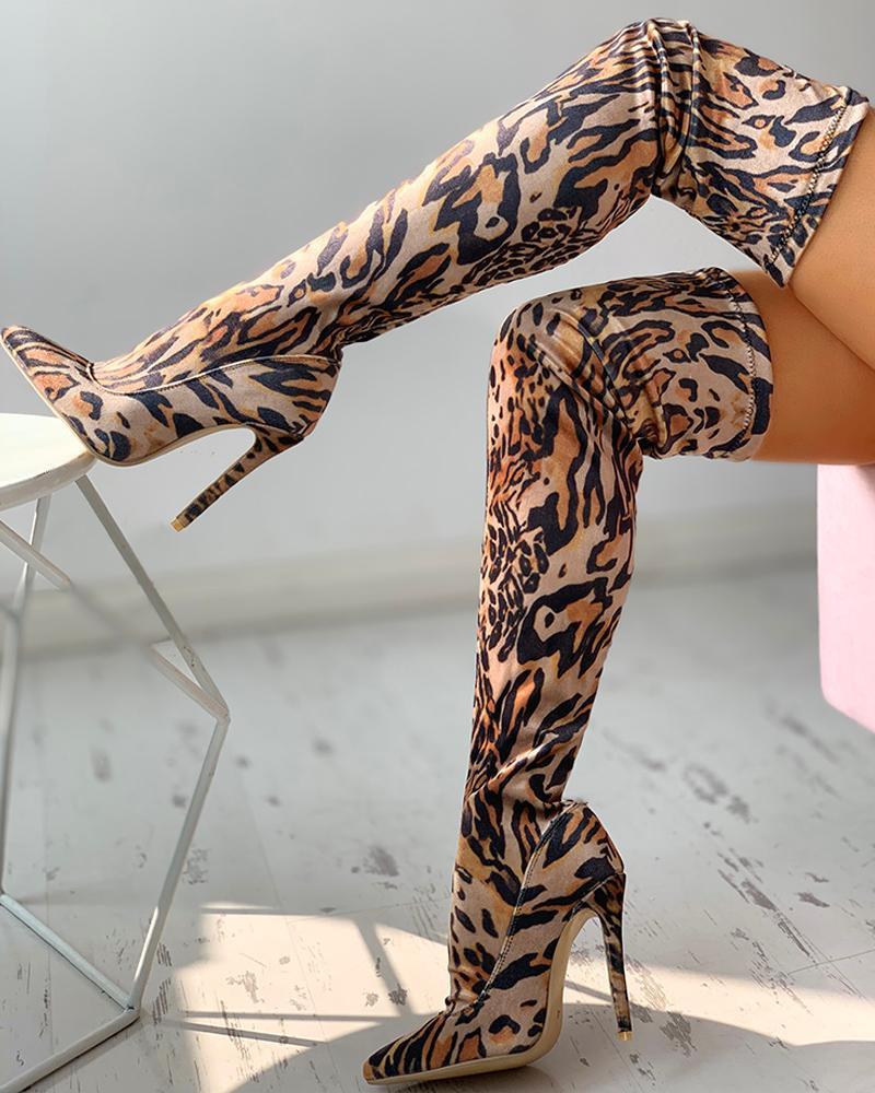 Women sexy leopard print elastic stretchy stiletto thigh high boots